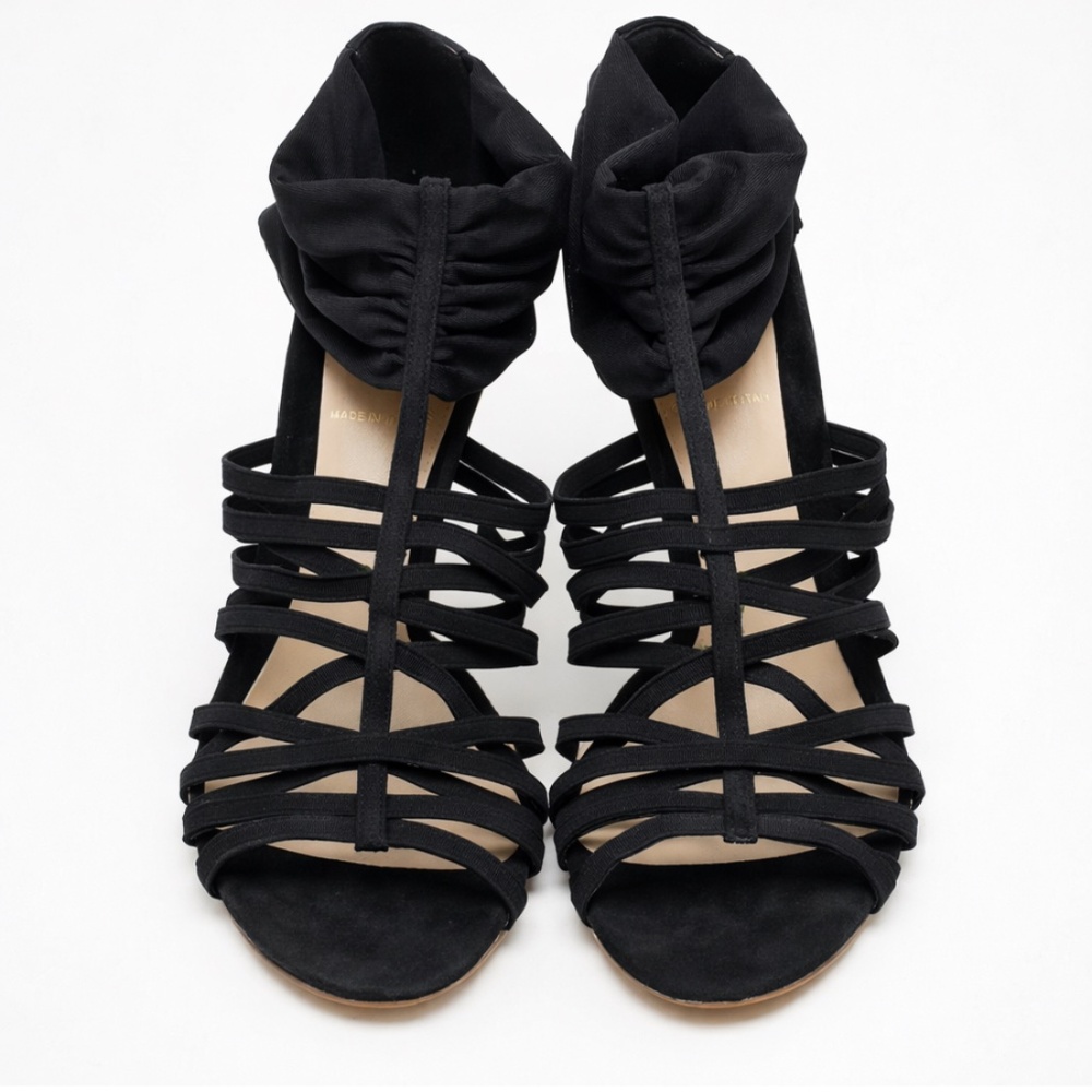 Y2K 2000’s Fendi Vintage Black Suede Elastic Cage Sandal Heels Ruched Ankle